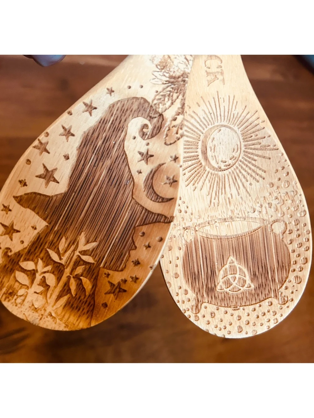 Set of 2 Wooden Kitchen Witch Stirring Spoons with Engraved Witch and Cauldron